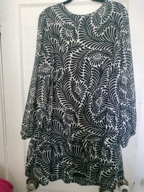 LOFT Sheer Swiss Dot Black and White Abstract Swirl Dress
